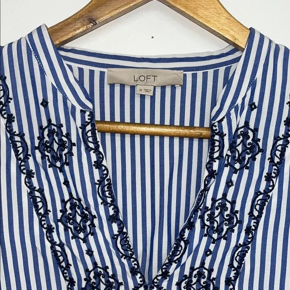 LOFT Sz MED Flowy Striped Embroidered V-Neck Peasant Blouse Bell Sleeve #boho - Picture 2 of 9